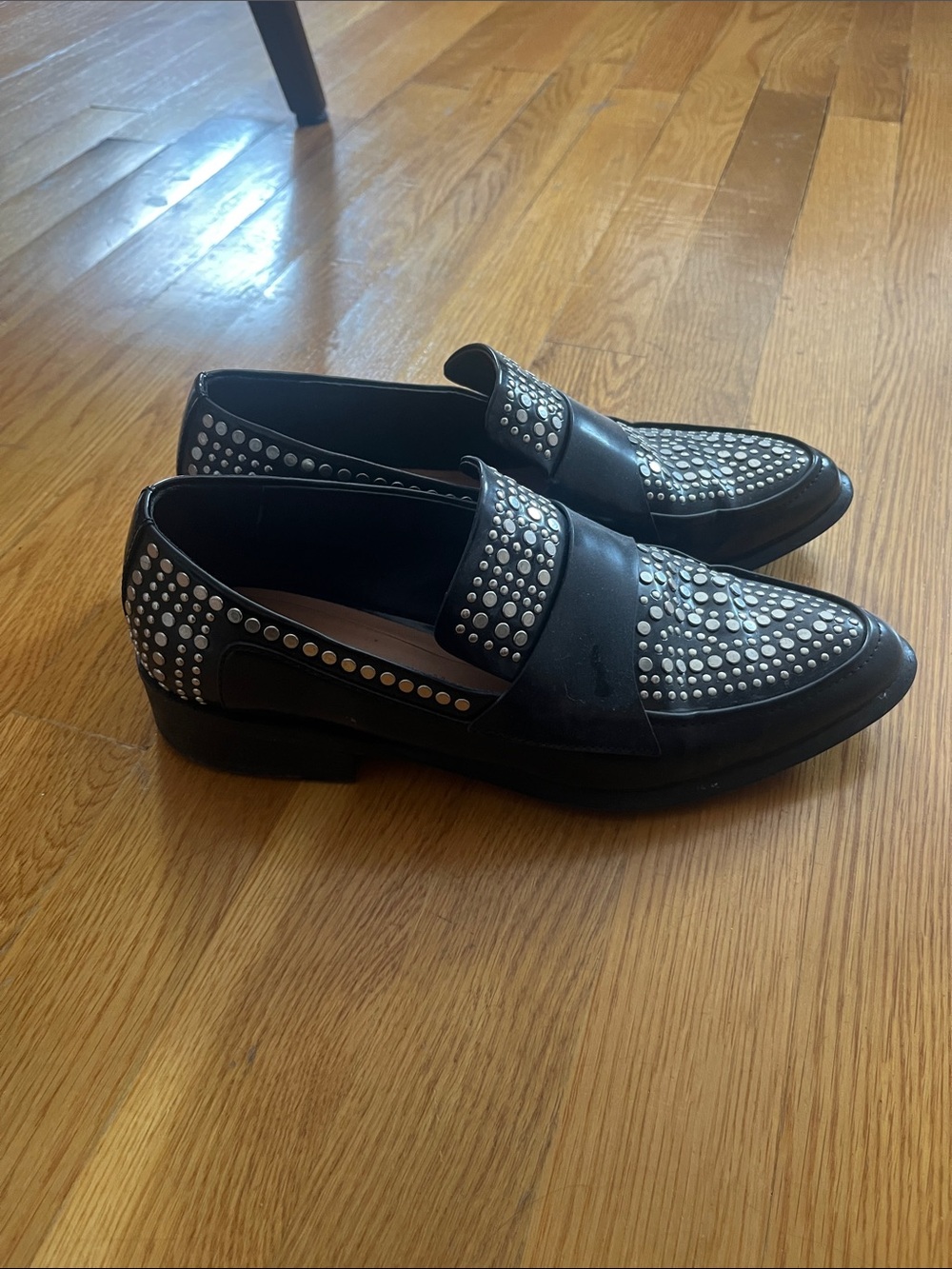 Zara Black Leather Studded Slip-On Loafers